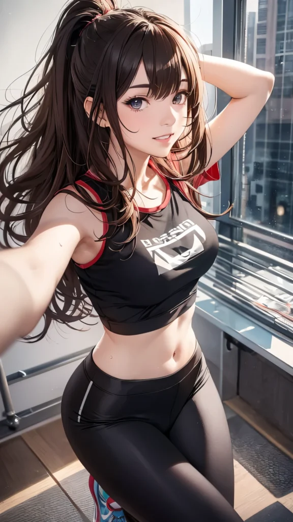 Sporty anime girl selfie at the gym. Black crop top, leggings, and high ponytail in a lively fitness artwork with energy and charm.