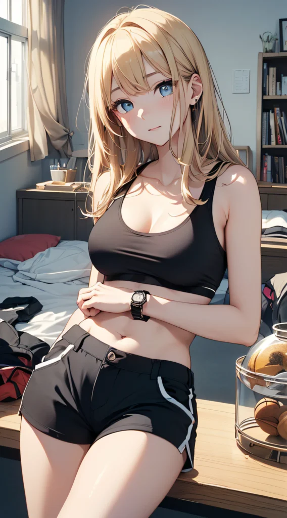 AI anime girl, Instagram look - gym blonde girl, shorts
