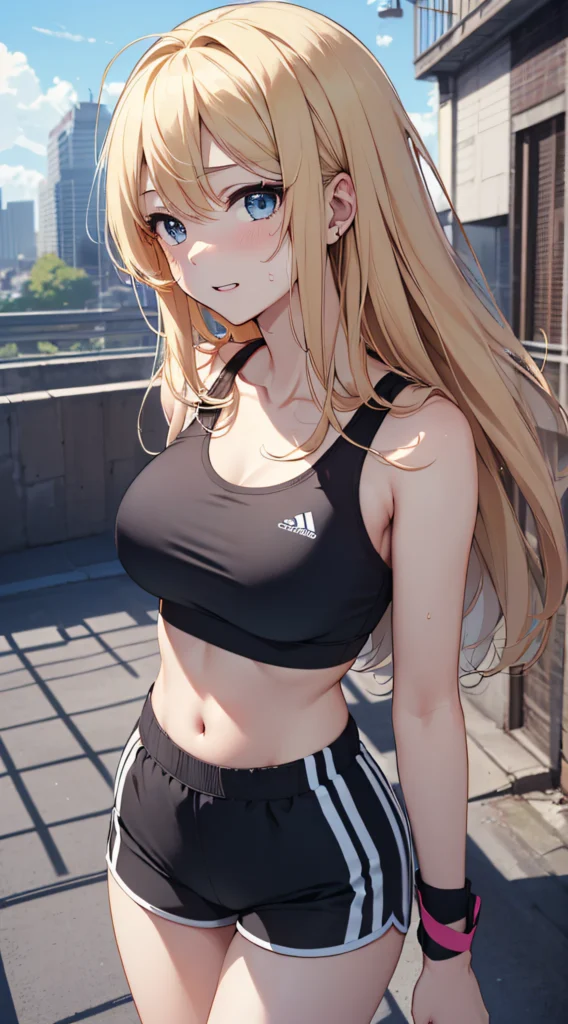 Anime blonde fitness girl on a rooftop workout. Sporty black outfit, blue eyes, and dynamic outdoor training scene full of energy.