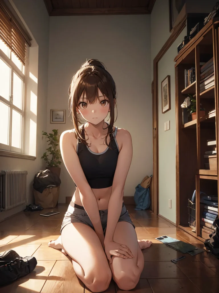 AI anime girl, Instagram look - cute girl, shorts, at home