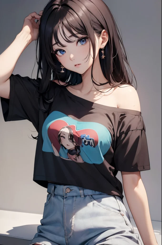 Anime girl with blue eyes wearing a graphic t-shirt and denim shorts. Stylish casual anime art with modern slice-of-life aesthetics.