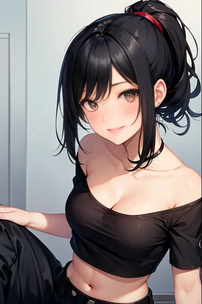 Anime girl with black ponytail and crop top. Stylish modern artwork with confident and playful vibes, perfect for anime fashion fans.