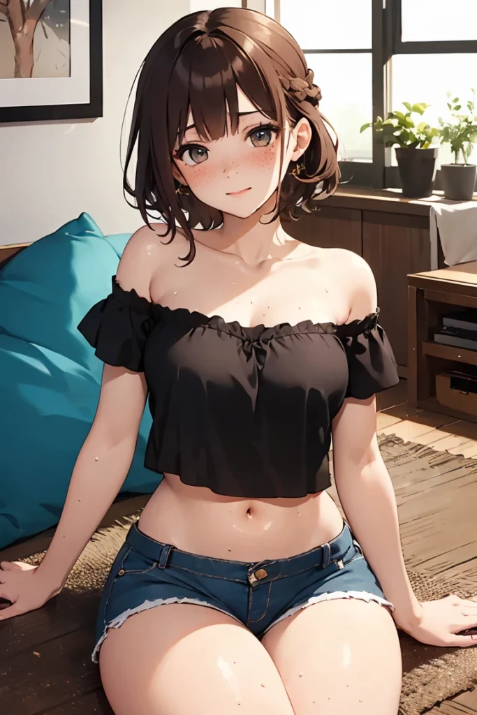AI anime girl, Instagram look - sexy young girl, short hair, shorts