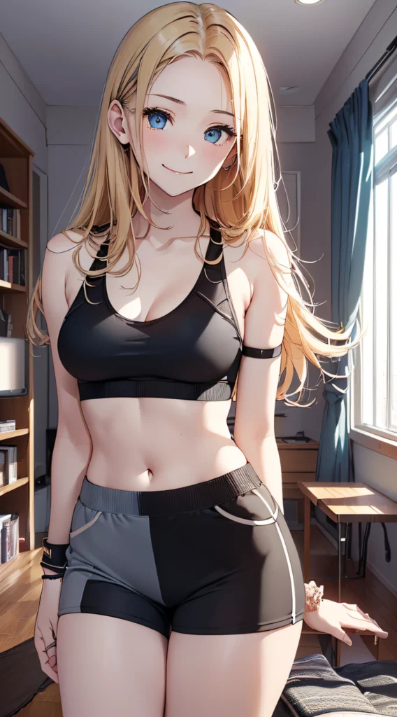 AI anime girl, Instagram look - gym girl, black clothes, shorts, blonde, long hair