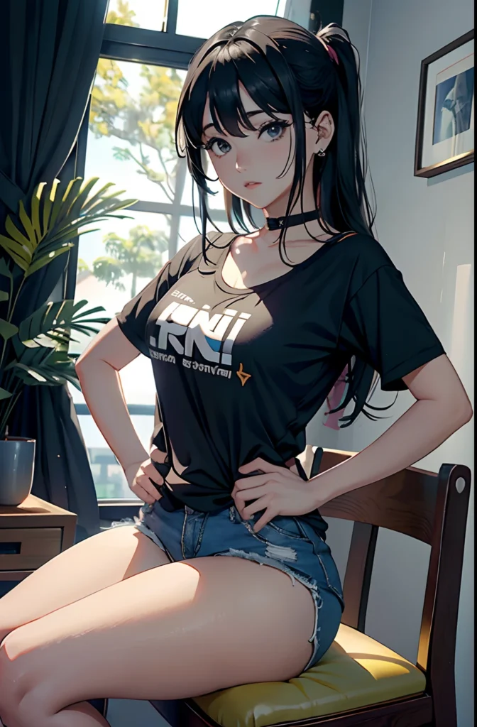 AI anime girl, Instagram look - cute brunette, shorts, long hair