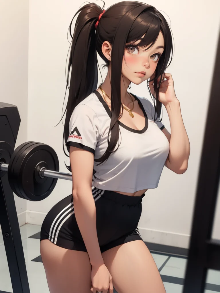 Beautiful anime girl with ponytail in sporty outfit, training at the gym. Realistic fitness-themed anime artwork with style and elegance.