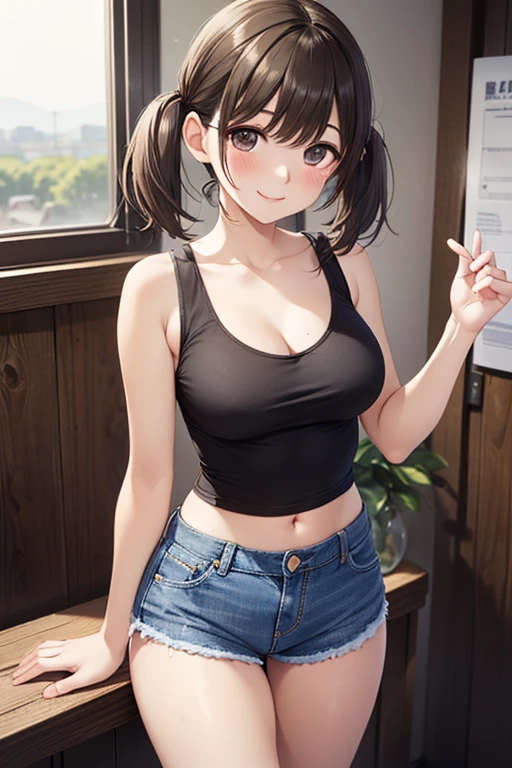 AI anime girl, Instagram look - sexy brunette, big boobs, shorts, smile