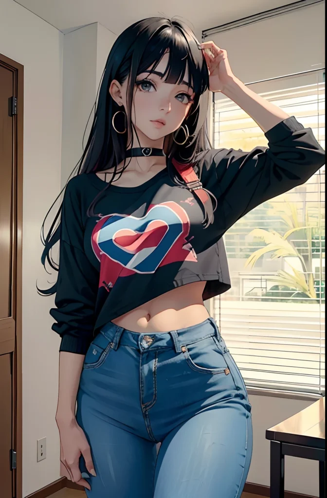 AI anime girl, Instagram look - sexy brunette young girl, jeans and shirt
