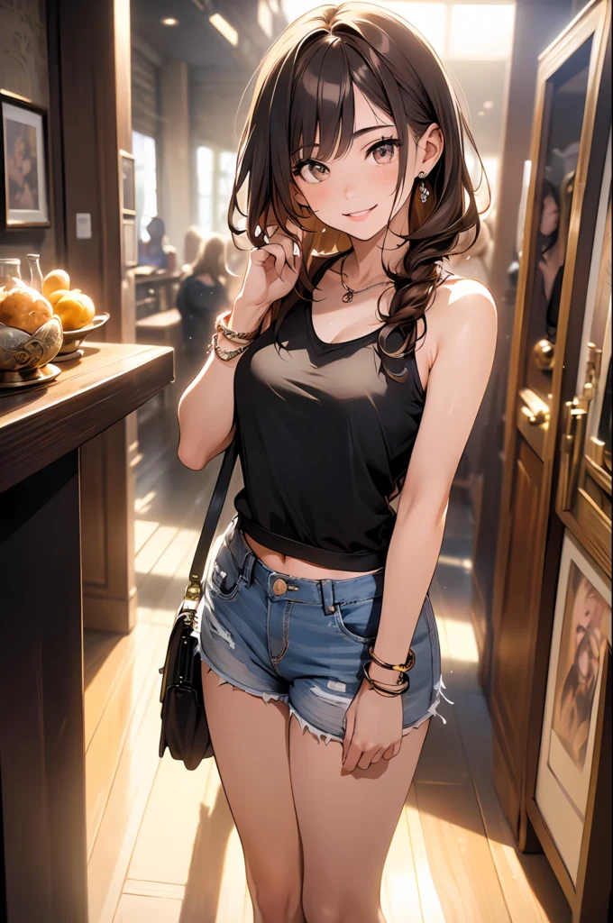 Charming brunette anime girl in casual style, black top and denim shorts, smiling inside a cozy café. Realistic digital anime artwork.