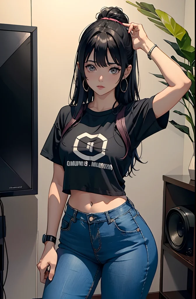 AI anime girl, Instagram look - sexy brunette young girl, jeans and shirt