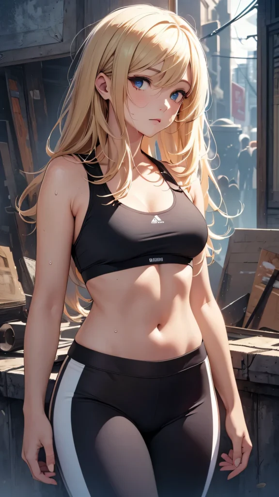 Blonde anime girl in sportswear, blue eyes and toned body, sweating after workout in an urban setting. Fitness, beauty, and anime art combined.