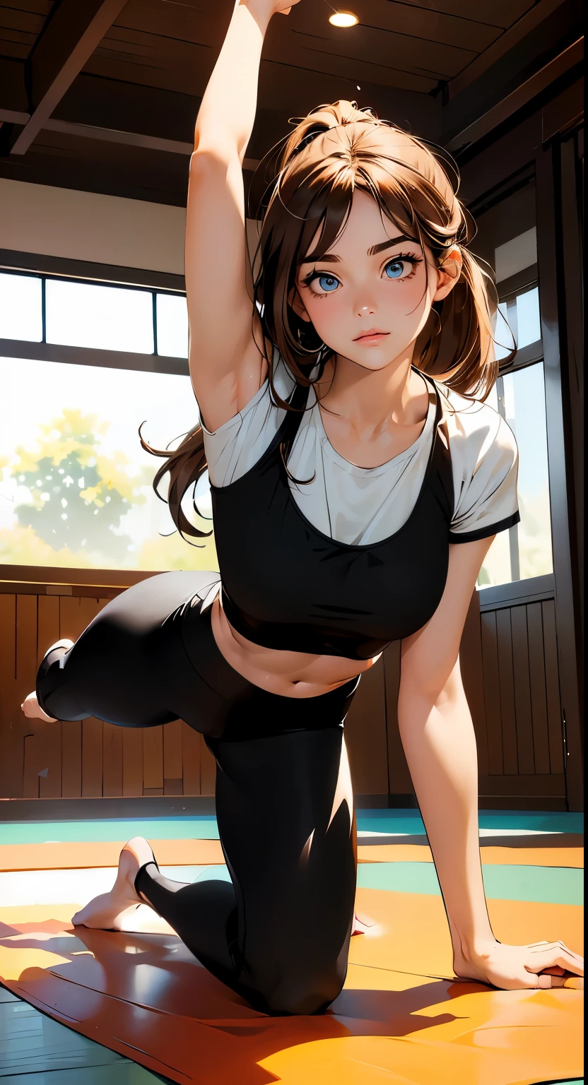 Anime girl practicing yoga in a sunny studio, wearing black leggings and sportswear, blending fitness, beauty, and modern anime art.