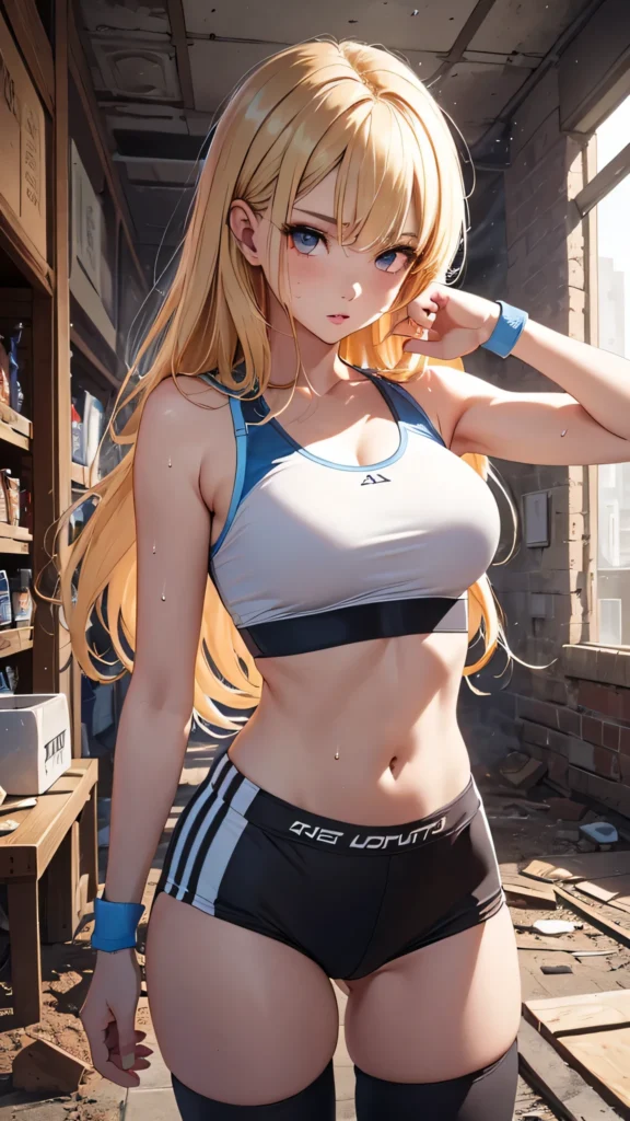 AI anime girl, Instagram look - blonde gym girl with shorts, long hair