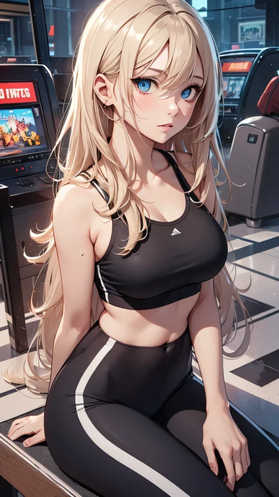 Anime girl with blonde hair and blue eyes in a black sports outfit, captured in stunning digital art with fitness and urban lifestyle vibes.