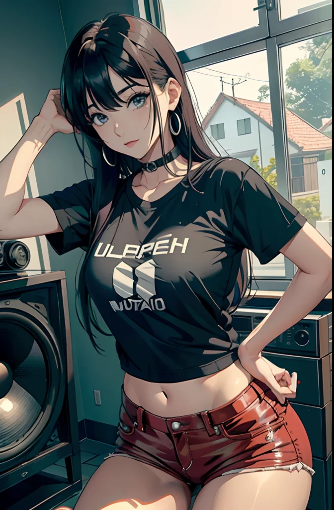 Stylish anime girl with dark hair, black t-shirt, and red shorts in a modern digital artwork blending fashion, music, and urban vibes.