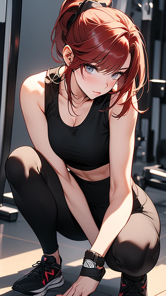 AI anime girl, Instagram look - redhead young girl looking sensual, big breasts, thin waist, big ass, gym, yoga pants