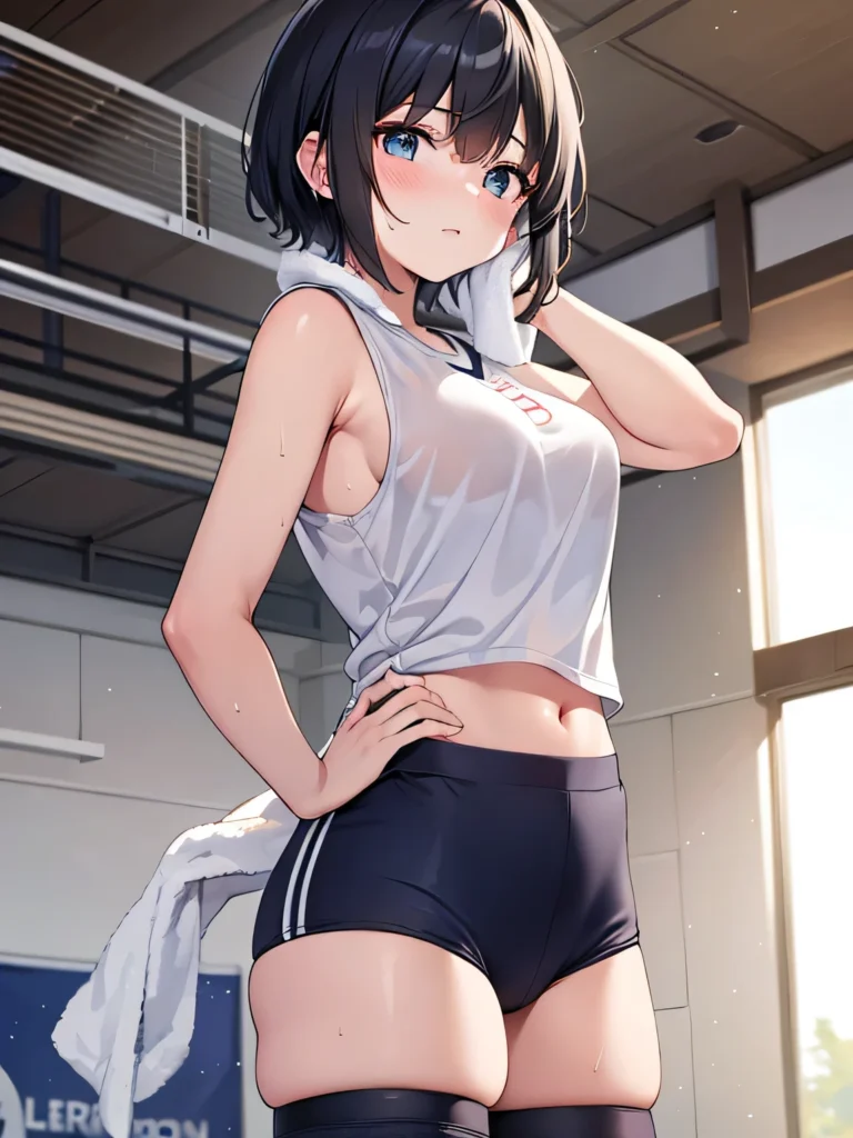 Garota de anime em uma saia curta e shorts justos posando para uma foto