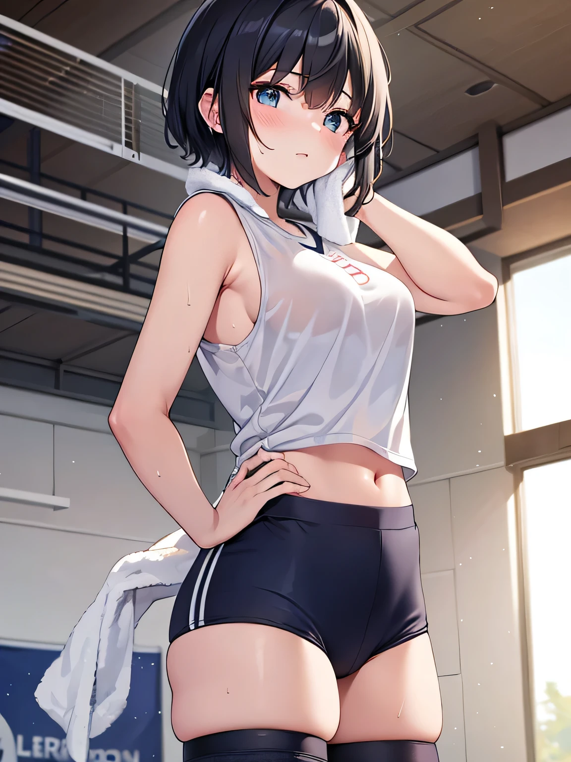 Garota de anime em uma saia curta e shorts justos posando para uma foto