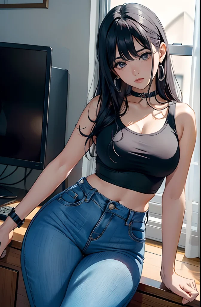 AI anime girl, Instagram look - Young girl looking sensual, big breasts, thin waist, big ass, shorts, gym, brunette