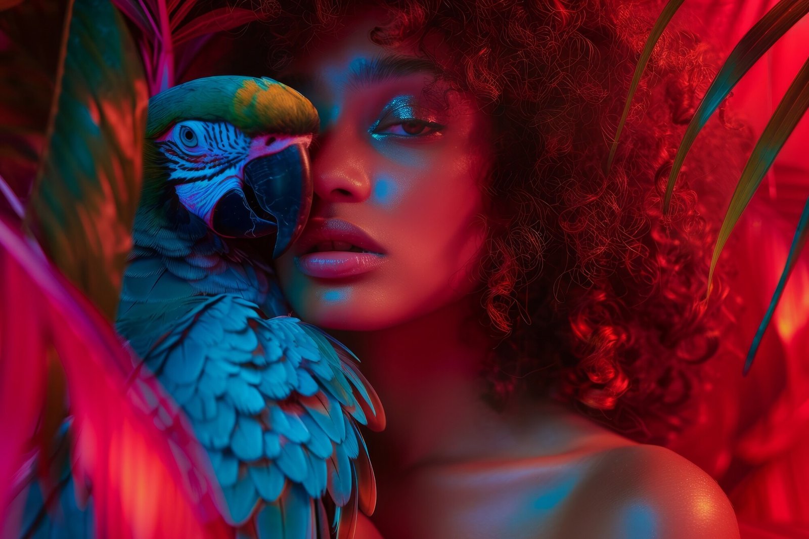 AI sexy brazilian girl - Beautiful brunette with deep gaze, pronounced lips with a macaw next to her face.