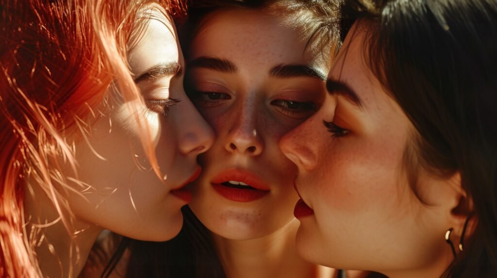 throuple, triad, non-monogamous relationship - three beautiful young girls touching their faces, about to kiss each other
