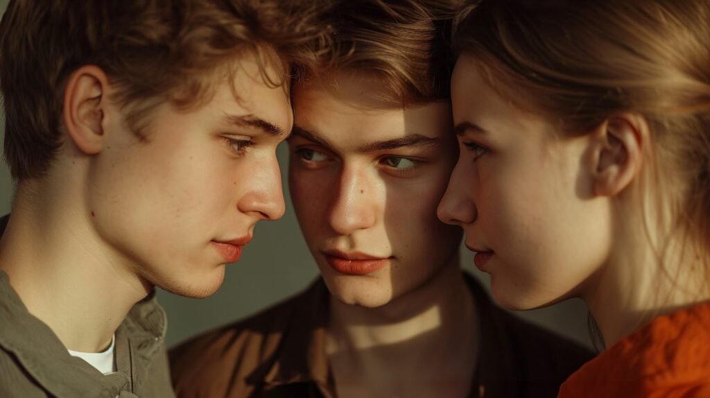 throuple, triad, non-monogamous relationship - three young people looking at each other with interest