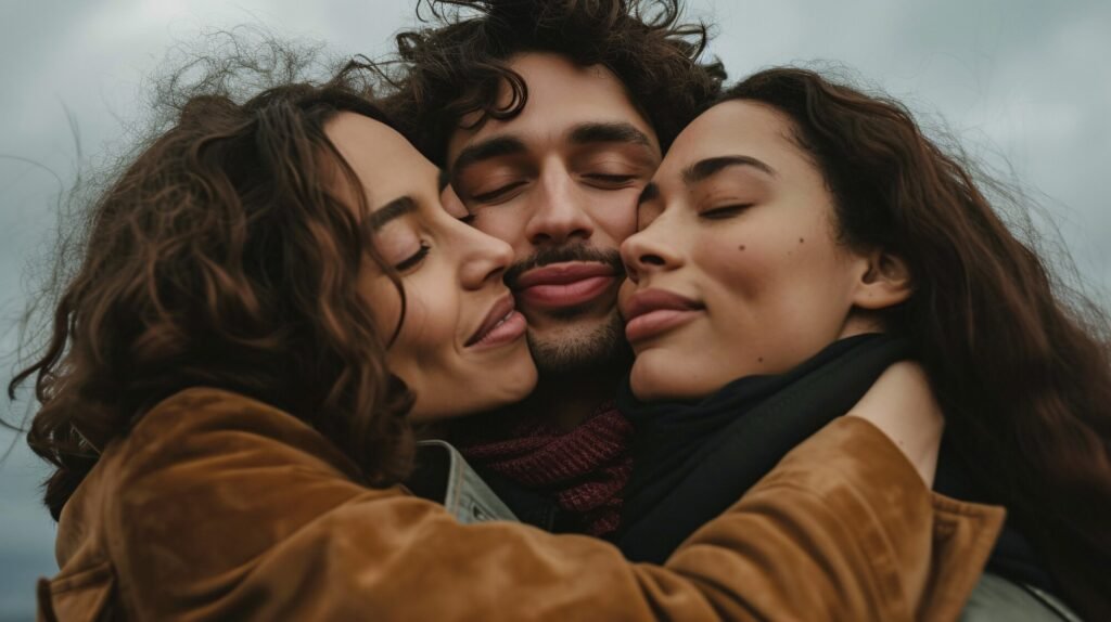 throuple, triad, non-monogamous relationship - three young people hugging each other outdoors, love