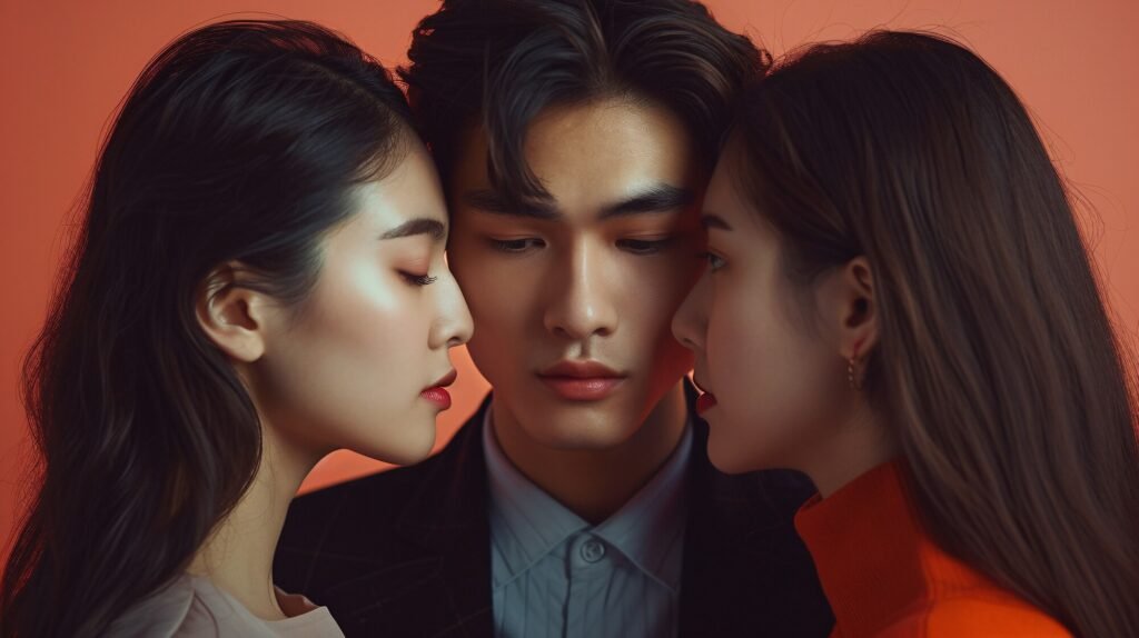 throuple, triad, non-monogamous relationship - young asians with close faces, sexual attraction